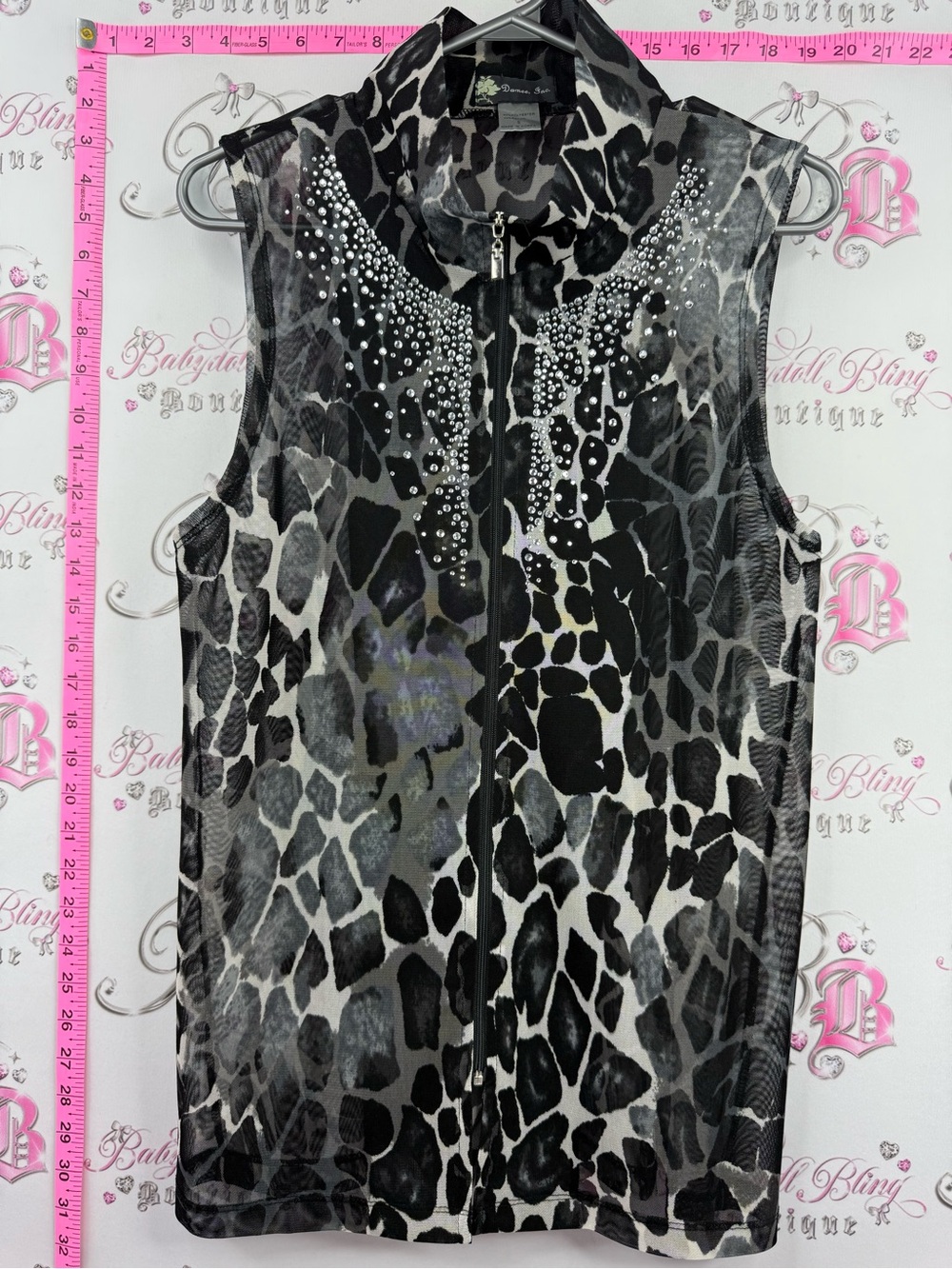 DAMEE inc tank top mesh Black & Gray Leopard-Print Sheer Zip Tank with Studs